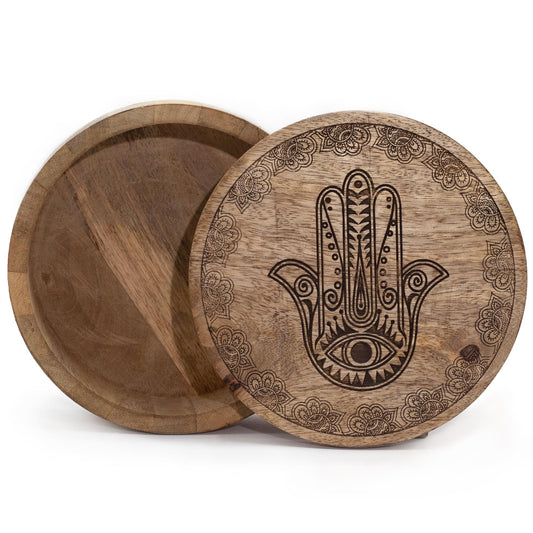 Round Wooden Box | Hamsa 17.5x7.5cm